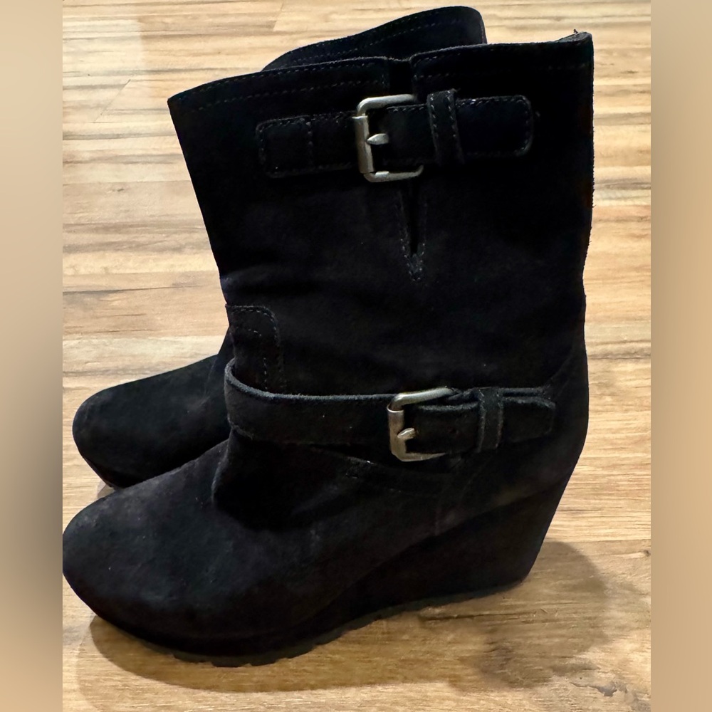 Authentic Prada Buckled Suede Wedge Boots